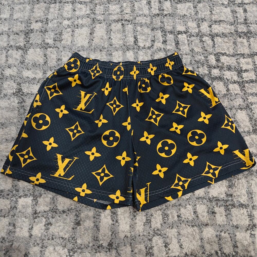 Bravest Studios LV Monogram Mesh Shorts Mens Large Black Yellow Streetwear
